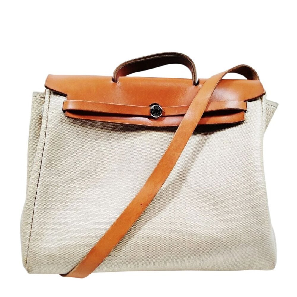 Hermes Herbag Beige Canvas and Cognac Leather Backpack